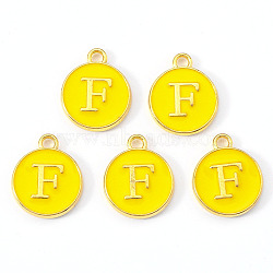 Golden Plated Alloy Enamel Charms, Enamelled Sequins, Flat Round with Letter, Gold, Letter.F, 14x12x2mm, Hole: 1.5mm(X-ENAM-S118-09F)