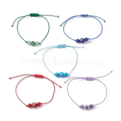 Natural & Synthetic Mixed Gemstone Braided Bead Bracelet, Evil Eye Lampwork Adjustable Bracelet, Inner Diameter: 3/8~3-3/8 inch(1~8.5cm)(BJEW-JB10016)