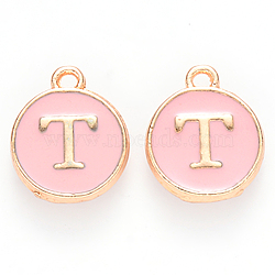 Golden Plated Alloy Enamel Charms, Cadmium Free & Lead Free, Enamelled Sequins, Flat Round with Letter, Pink, Letter.T, 14x12x2mm, Hole: 1.5mm(X-ENAM-S118-07T)