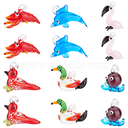 12Pcs 6 Style Handmade Lampwork Pendants, Octopus & Dolphin & Flamingo, Mixed Color, 16~34x11~24x7~27mm, Hole: 2~4mm, 2pcs/style(LAMP-DC0001-01)
