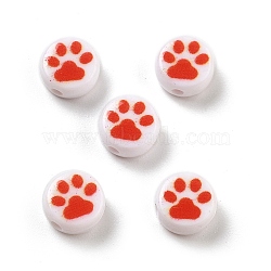 Opaque Acrylic Beads, Flat Round with Cat Paw, White, 7x4mm, Hole: 1.5mm(OACR-D282-03B)