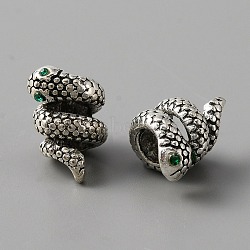 Alloy European Beads, Large Hole Beads, with Rhinestone, Snake, Antique Silver, Emerald, 14x9~10mm, Hole: 4.3mm(ALRI-WH0008-21B)
