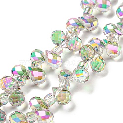 Electroplate Transparent Glass Beads Strands, Rainbow Plated, Faceted Teardrop, Top Drilled, Gainsboro, 6x4mm, Hole: 0.8mm, about 90~92pcs/strand, 9.84~10.23 inch(25~26cm)(X-EGLA-P052-01A-FR01)
