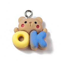 Opaque Resin Pandents, Platinum, Bear Charms with Letter OK Pattern, BurlyWood, 19.5x15x6.5mm, Hole: 1.8mm(RESI-M028-02B)