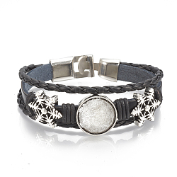 Imitation Leather Bracelet Making, Cadmium Free & Lead Free, with Alloy Cabochon Setting and Waxed Cords, Snowflake, Antique Silver, Black, Tray: 18mm, 7-3/4 inch(197mm)(MAK-R024-07)