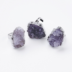 Adjustable Natural Druzy Amethyst Finger Rings, Nuggets, Size 8, Platinum, 18mm, Size 8(RJEW-E146-02)