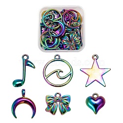 24Pcs 6 Style Alloy Pendants, Cadmium Free & Nickel Free & Lead Free, Star & Musical Note & Double Horn/Crescent Moon & Flat Round & Heart & Bowknot, Rainbow Color, 13~24x11~20.5x1.5~5mm, Hole: 1.8~3.5mm, 4pcs/style(FIND-LS0001-24MC)