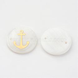 Freshwater Shell Links connectors, Flat Round with Gold Blocking Anchor, Golden, 20x3~4mm, Hole: 1.5mm(SHEL-S247-11)