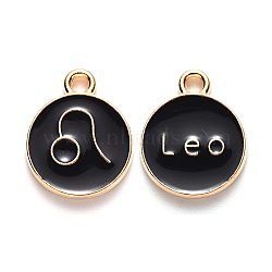 Alloy Enamel Pendants, Cadmium Free & Lead Free, Flat Round with Constellation, Light Gold, Black, Leo, 15x12x2mm, Hole: 1.5mm(ENAM-S124-01B-08G)