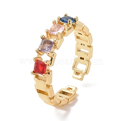 Colorful Cubic Zirconia Rectangle Open Cuff Ring, Brass Jewelry for Women, Cadmium Free & Lead Free, Real 18K Gold Plated, US Size 7 1/2(17.7mm)(RJEW-P032-07G)