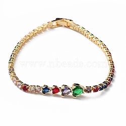 Brass Micro Pave Cubic Zirconia Chain Bracelets with Fold Over Clasps, Heart, Colorful, 7-1/4x1/8 inch(18.5x0.3cm)(BJEW-C052-03G-01)