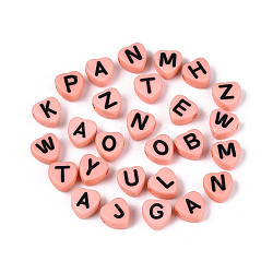 Opaque Acrylic Enamel Beads, Horizontal Hole, Heart with Mixed Black Letters, Pink, 7x7x4mm, Hole: 1.5mm(X-MACR-S273-37C)