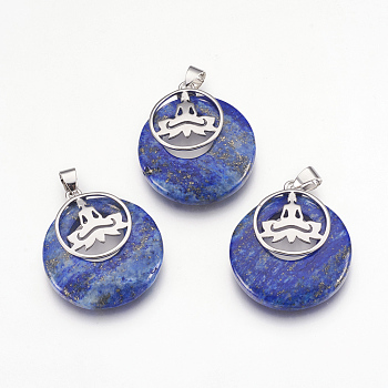 Natural Lapis Lazuli Pendants, with Platinum Tone Brass Findings, Flat Round with Buddha, 32x28x7mm, Hole: 4x5mm