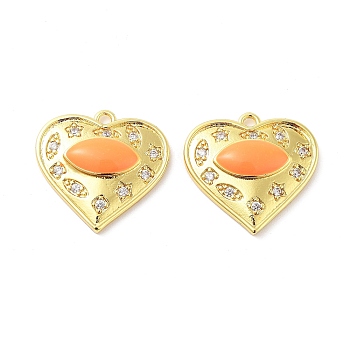 Brass Micro Pave Clear Cubic Zirconia Pendants, with Enamel, Real 18K Gold Plated, Heart with Horse Eye Charms, Orange, 20x21x4mm, Hole: 1.8mm