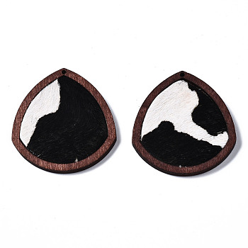 Eco-Friendly Cowhide Leather Pendants, with Dyed Wood, Teardrop with Leopard Print, Black, 41x37.5x4mm, Hole: 1.2mm