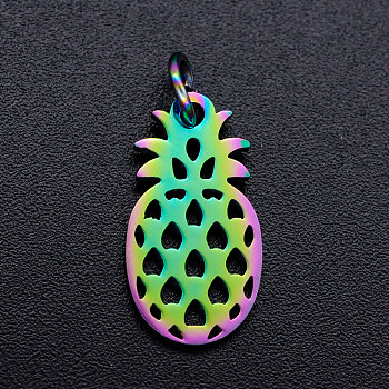 Ion Plating(IP) 201 Stainless Steel Pendants, with Jump Rings, Pineapple, Rainbow Color, 17.5x9x1mm, Jump Ring: 5x0.8mm, Inner Diameter: 3mm