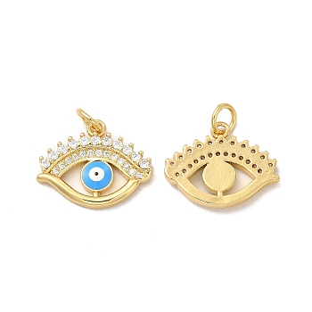 Rack Plating Brass Micro Pave Cubic Zirconia Pendants, with Jump Rings & Enamel, Long-Lasting Plated, Lead Free & Cadmium Free, Evil Eye Charm, Real 18K Gold Plated, 14x18x2mm, Hole: 3.5mm
