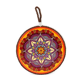 Flat Round with Mandala Pattern Ceramic & Cork Cup Coaster, Heat Resistant Pot Mats, for Home Kitchen, Dark Orange, 160mm