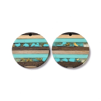 Transparent Resin & Walnut Wood Pendants, with Gold Foil, Flat Round Charm, Turquoise, 30x3.5mm, Hole: 2mm