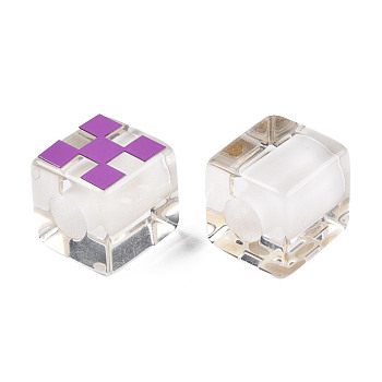 Transparent Resin European Beads, Large Hole Beads, Cube with Tartan Pattern, Dark Orchid, 20x20x20mm, Hole: 8mm