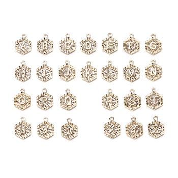 26Pcs 26 Letters Alloy Pendants, Cadmium Free & Nickel Free & Lead Free, Hexagon with Alphabet, Real 18K Gold Plated, Letter A~Z, 17.5x13x2mm, Hole: 2mm