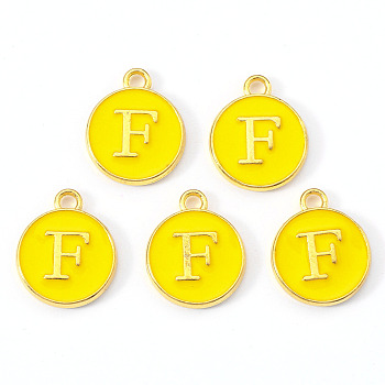 Golden Plated Alloy Enamel Charms, Enamelled Sequins, Flat Round with Letter, Gold, Letter.F, 14x12x2mm, Hole: 1.5mm