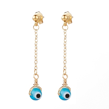 304 Stainless Steel Dangle Stud Earrings, with Ear Nuts, Brass Cable Chains and Handmade Evil Eye Lampwork Round Beads, Golden, Dodger Blue, 40mm, Pin: 1mm