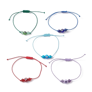 Natural & Synthetic Mixed Gemstone Braided Bead Bracelet, Evil Eye Lampwork Adjustable Bracelet, Inner Diameter: 3/8~3-3/8 inch(1~8.5cm)