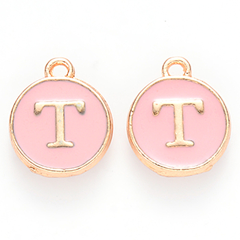 Golden Plated Alloy Enamel Charms, Cadmium Free & Lead Free, Enamelled Sequins, Flat Round with Letter, Pink, Letter.T, 14x12x2mm, Hole: 1.5mm