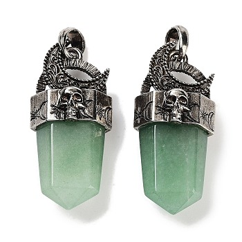 Natural Green Aventurine Faceted Sword Pendants, Rack Plating Antique Silver Plated Alloy Moon Charms, Cadmium Free & Lead Free, 47.5~48x21.5x13.5mm, Hole: 7x6.5mm