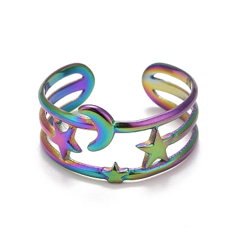 Rainbow Color Ion Plating(IP) 304 Stainless Steel Star and Moon Open Cuff Ring for Women, US Size 8 3/4(18.7mm)