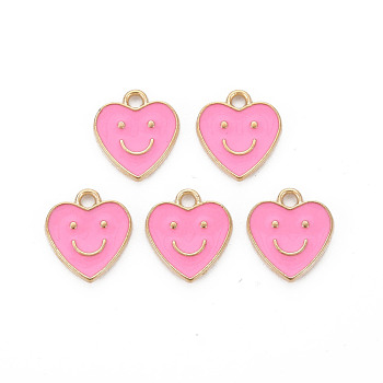 Alloy Enamel Charms, Cadmium Free & Lead Free, Light Gold, Heart with Smile, Pearl Pink, 13x12x1.5mm, Hole: 1.6mm