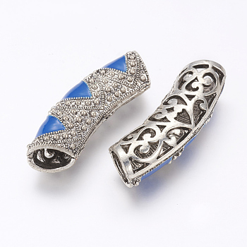 Alloy Enamel Tube Beads, Hollow, Syphon, Antique Silver, Blue, 46x14x10mm, Hole: 6x9mm