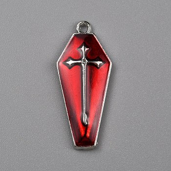 Halloween Theme Alloy Enamel Pendants, Coffin with Cross Charm, Platinum, Dark Red, 26x11x3mm, Hole: 1.2mm