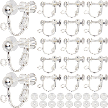 36Pcs Brass Screw On Clip-on Earring Findings, Spiral Ear Clip, with 36Pcs Silicone Earring Pads, Silver, 18x14x3mm, Hole: 1.6mm