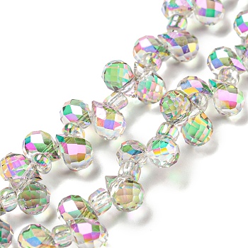 Electroplate Transparent Glass Beads Strands, Rainbow Plated, Faceted Teardrop, Top Drilled, Gainsboro, 6x4mm, Hole: 0.8mm, about 90~92pcs/strand, 9.84~10.23 inch(25~26cm)