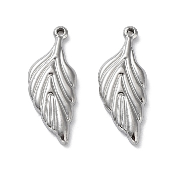 304 Stainless Steel Pendants, Leaf Charm, Stainless Steel Color, 27x11x3mm, Hole: 1.4mm