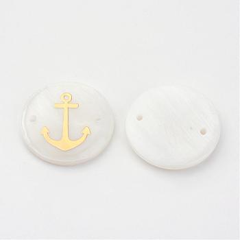 Freshwater Shell Links connectors, Flat Round with Gold Blocking Anchor, Golden, 20x3~4mm, Hole: 1.5mm