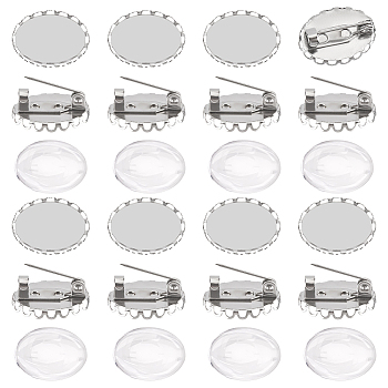 DIY Oval 304 Stainless Steel Brooch Jewelry Kits, include Transparent Glass Cabochons, Stainless Steel Color, 14~18x13~19x2.8~5mm