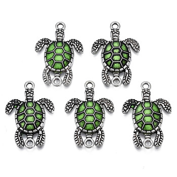 Antique Silver Tone Alloy Connector Charms, with Enamel, Sea Turtle, Lime Green, 27x18.5x3.5mm, Hole: 1.6mm