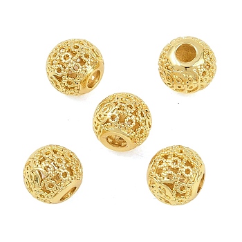 Brass Beads, Hollow Round, Real 18K Gold Plated, 8.5x7.5mm, Hole: 2.7mm