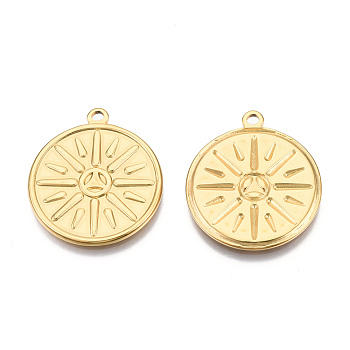 Ion Plating(IP) 201 Stainless Steel Pendants, Flat Round with Sun, Real 18K Gold Plated, 29x25x2mm, Hole: 2mm