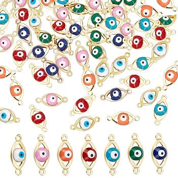 Nbeads 70Pcs 7 Colors Brass Enamel Connector Charms, Real 18K Gold Plated, Evil Eye Links, Mixed Color, 6x14x4mm, Hole: 1mm, 10pcs/color