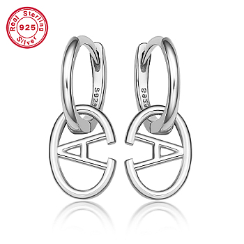 Rhodium Plated Platinum 925 Sterling Silver Hoop Earrings, Initial Letter Drop Earrings, with S925 Stamp, Letter A, 20x8.5mm