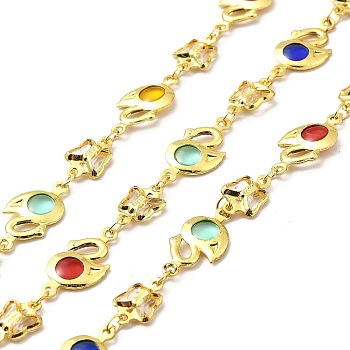 Handmade Brass Glass Link Chain, Soldered, with Spool, Butterfly & Swan, Cadmium Free & Lead Free, Real 18K Gold Plated, Swan: 18x9x2mm, Butterfly: 10.5x7x2.5mm