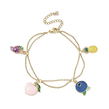 Alloy Enamel Fruit Charm Bracelets, with Ion Plating(IP) Light Gold 304 Stainless Steel Cable Chains, Blueberry, 6-7/8 inch(17.5cm)