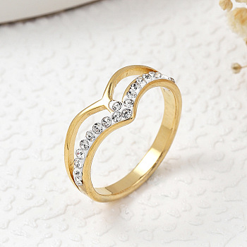 304 Stainless Steel & Handmade Polymer Clay Rhinestones Finger Rings, Heart Shape, Golden, US Size 7(17.3mm)