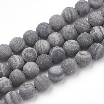 Natural Black Wood Lace Stone Beads Strands, Frosted, Round, 8~8.5mm, Hole: 1mm, about 47pcs/strand, 15.5 inch