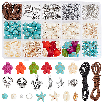 Elite DIY Synthetic Turquoise Bracelet Necklace Making Kit, Natural Shell Charms Ocean Theme Jewelry Set, Mixed Color, 4~20.5x0.8~15x0.8~8mm, Hole: 1~2mm