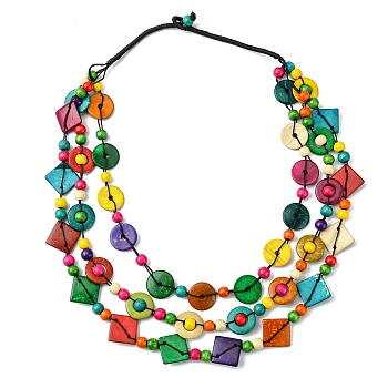 Dyed Natural Coconut Rhombus Beaded 3 Layer Necklaces, Bohemian Jewelry for Women, Colorful, 26.46 inch(67.2cm)
